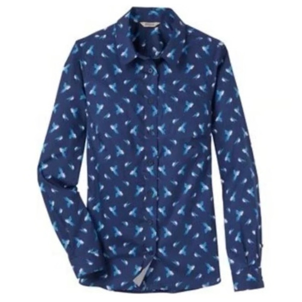 (B2) Duluth Trading Co Womens 2X Navy Blue Bird Print Stretch Button Down Shirt